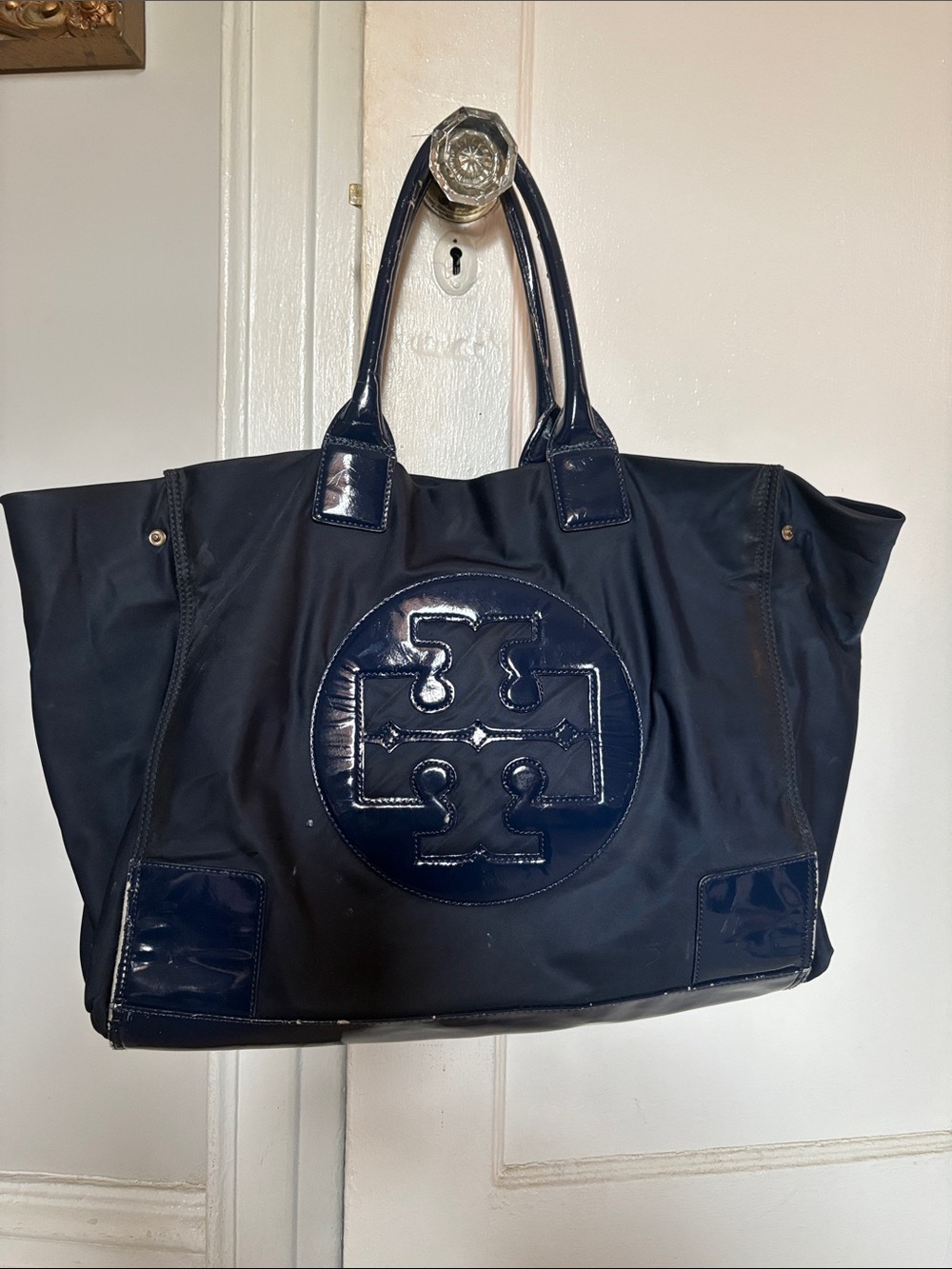 Tory Burch Navy Patent Logo Tote